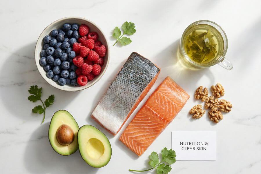 Flat lay of salmon, berries, and green tea on white marble, representing a diet for clearing acne.