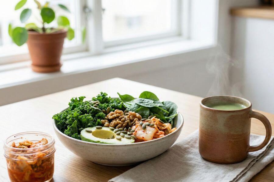 Leafy green salad and matcha tea setup, promoting liver detoxification and gut balance for clear skin.