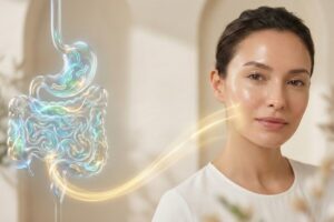 Conceptual illustration showing the link between digestive health and glowing skin.