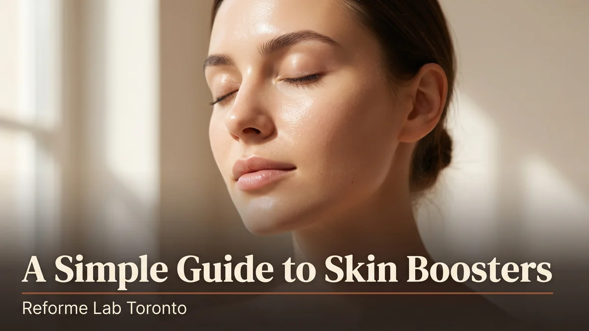 Calm portrait of a woman with luminous hydrated skin, illustrating what skin boosters do