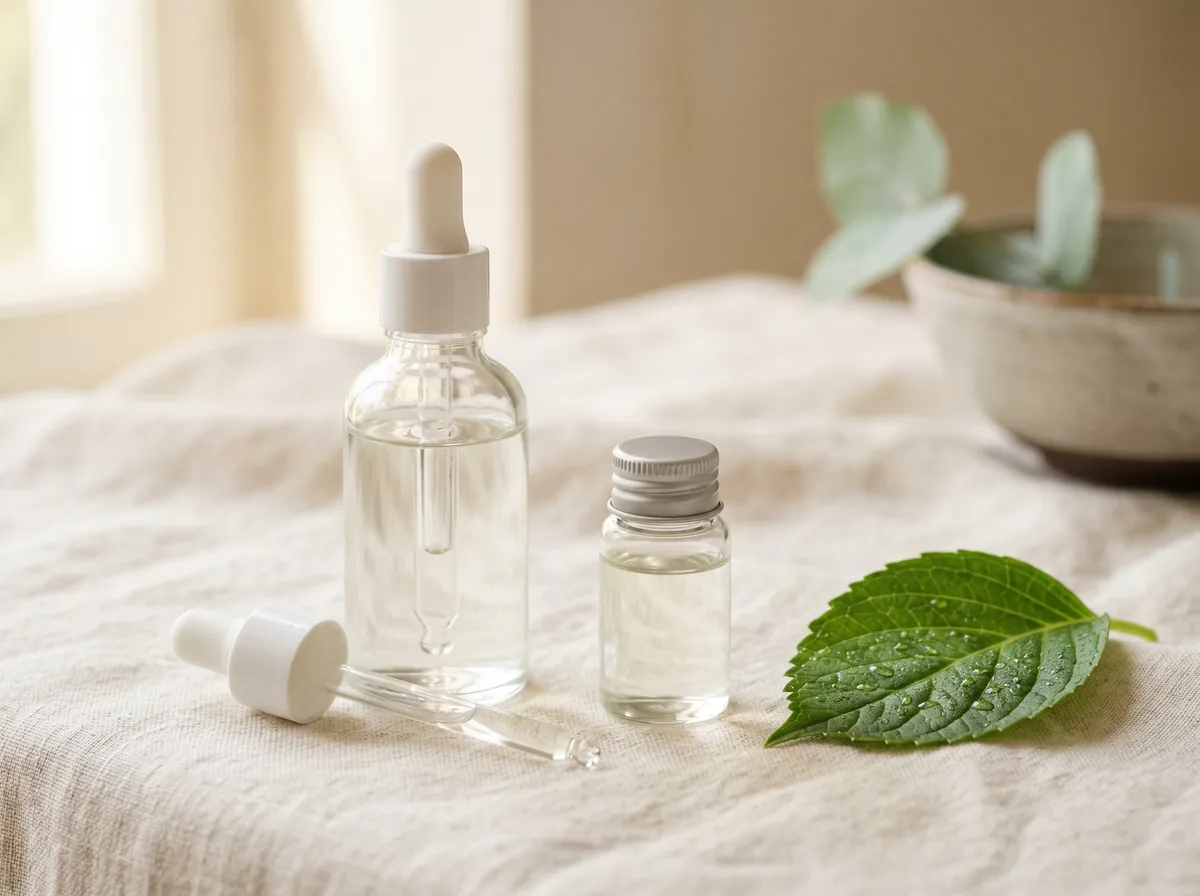 Two clear glass dropper bottles on cream linen with a single green leaf, illustrating skin boosters as injectable hydration
