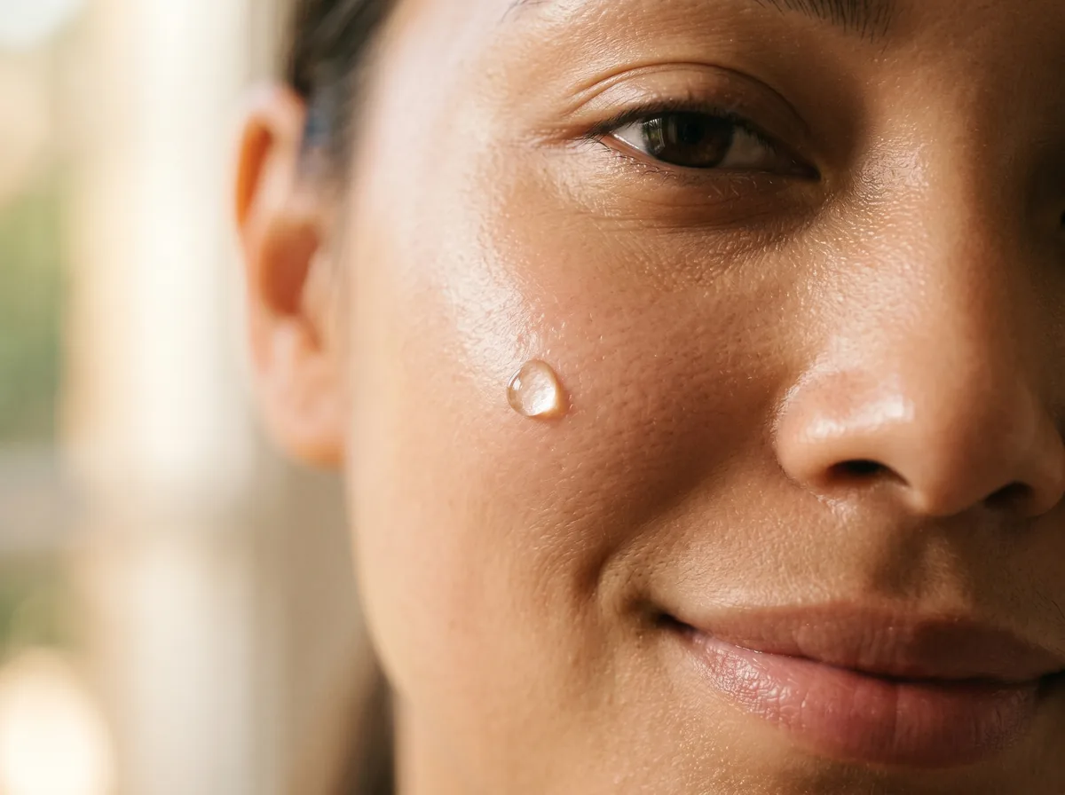 Macro close-up of a single dewdrop on healthy hydrated cheek skin, showing the glow effect of skin boosters