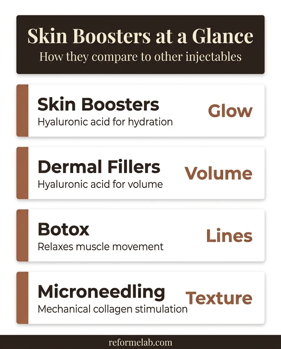 Comparison infographic of skin boosters versus dermal fillers, Botox, and microneedling
