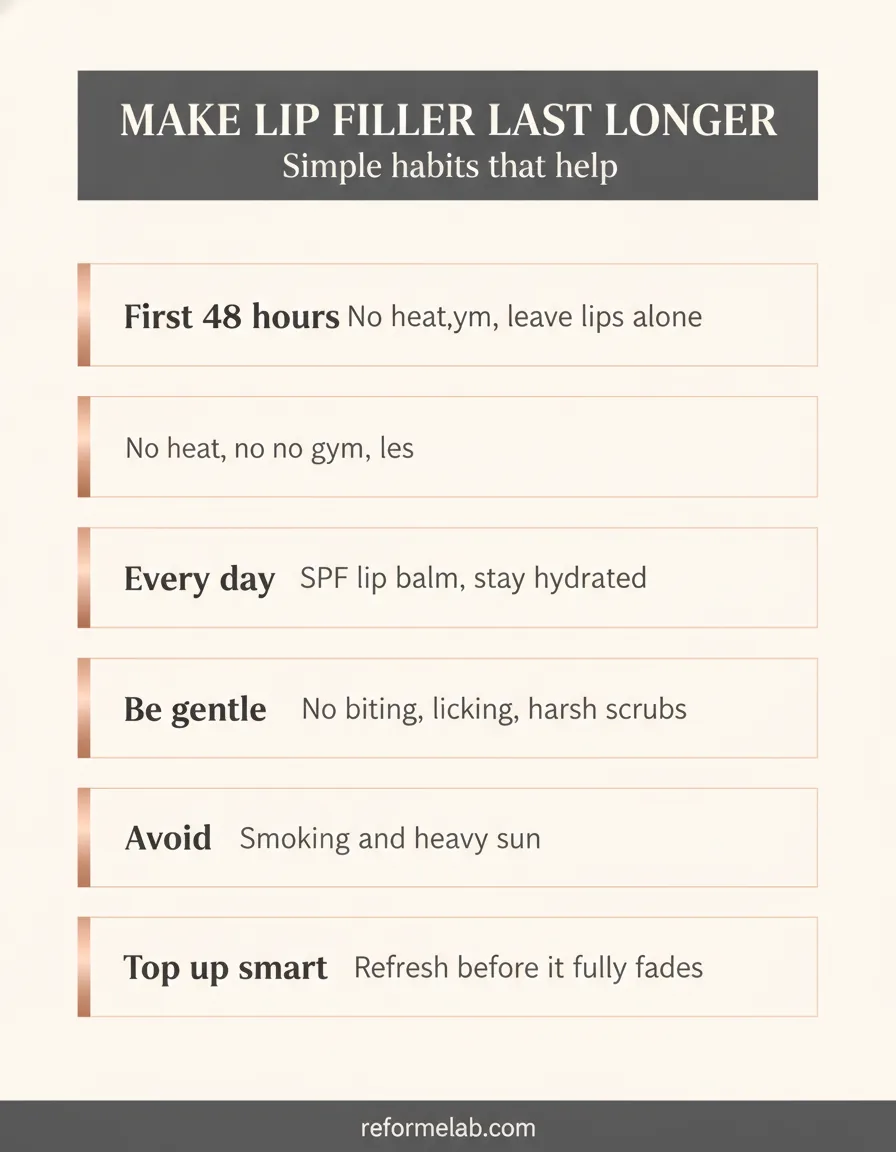 Habits that extend lip filler results: sun protection, hydration, gentle care, smart top-up timing