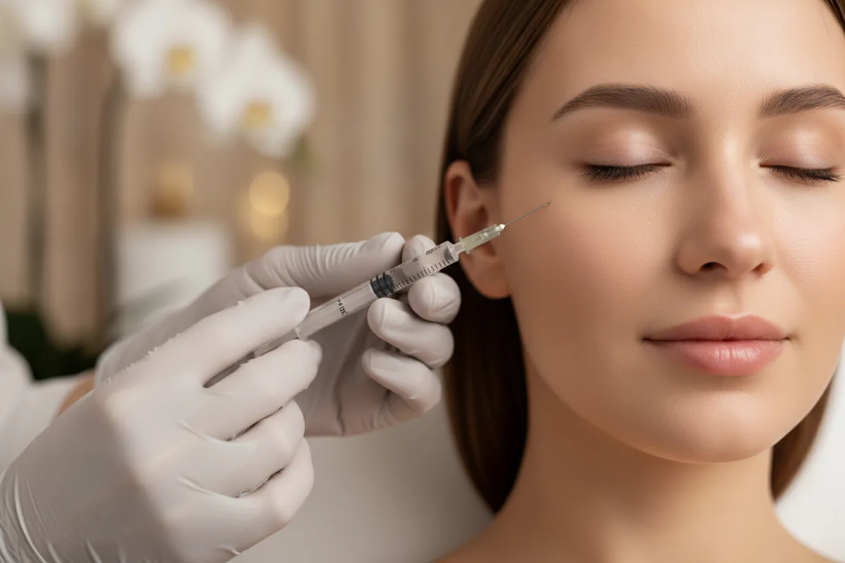 Close up of a gloved injector preparing a precise facial injectable treatment