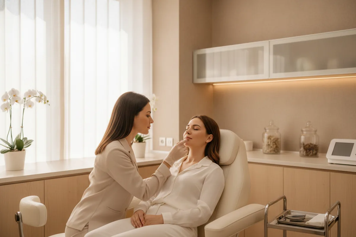 Aesthetic practitioner assessing a client's lips during a top-up consultation